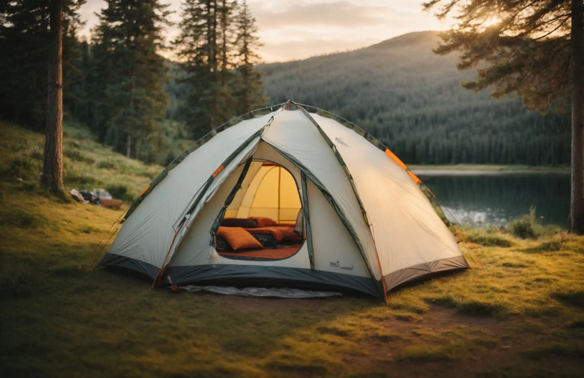 A spacious 4-person tent set in a scenic outdoor environment