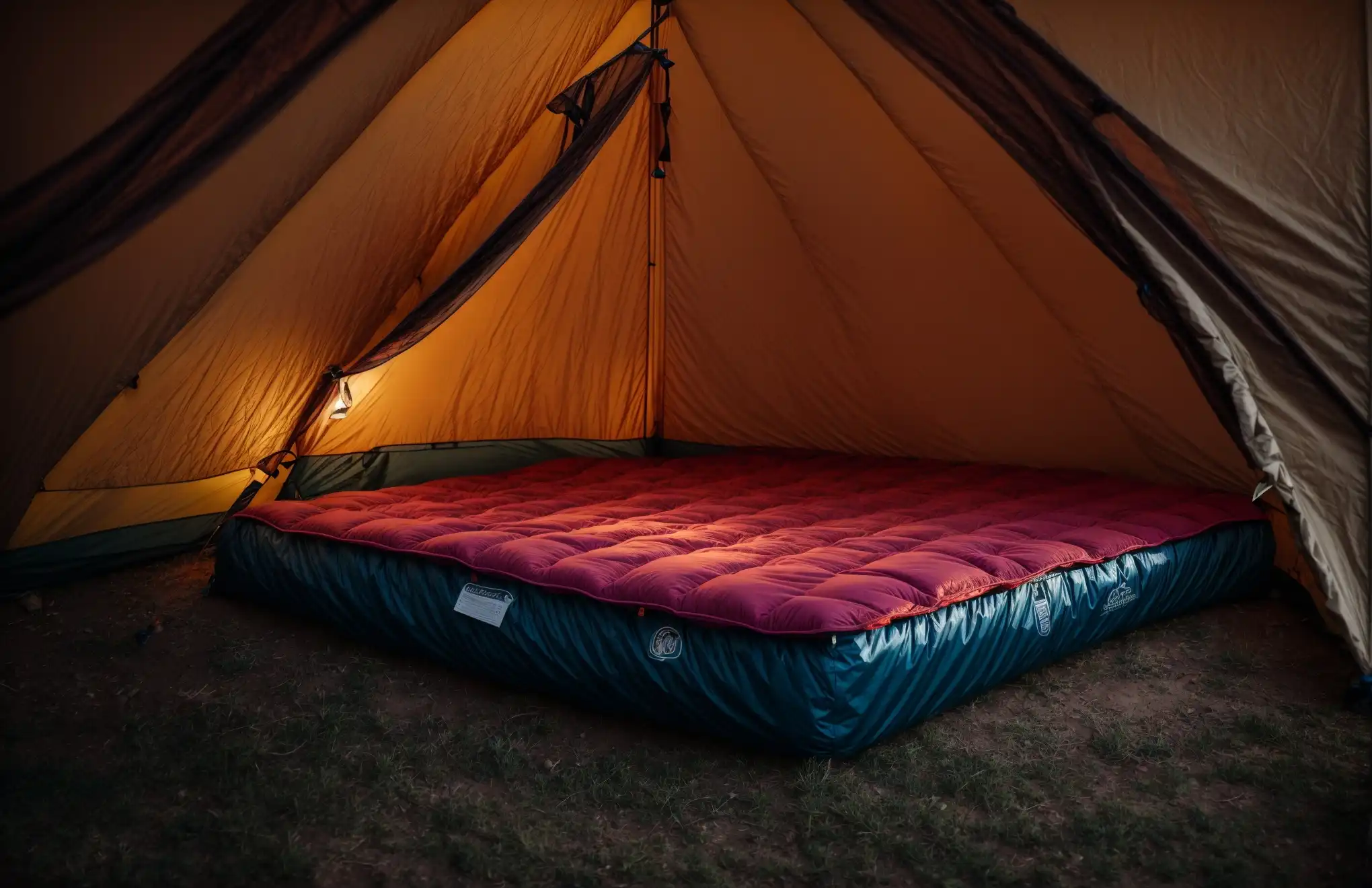 a luxurious queen-sized air mattress inside a spacious camping tent
