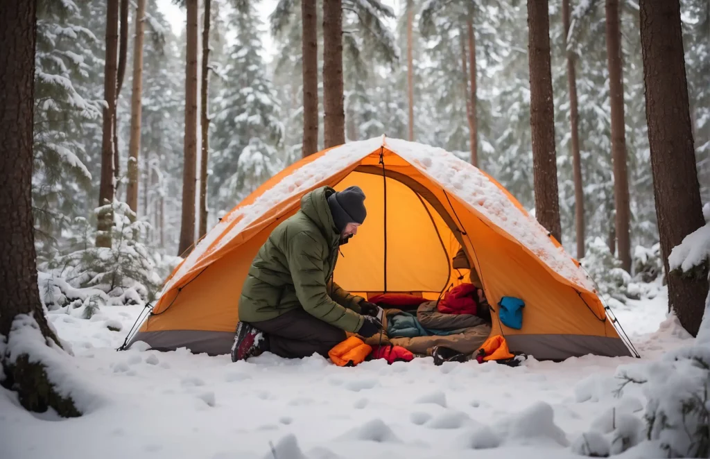 Solo camper setting up a tent in a winter forest