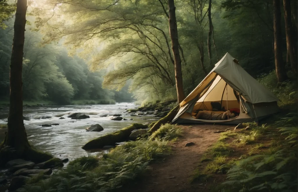 Solo traveler camping in a forest