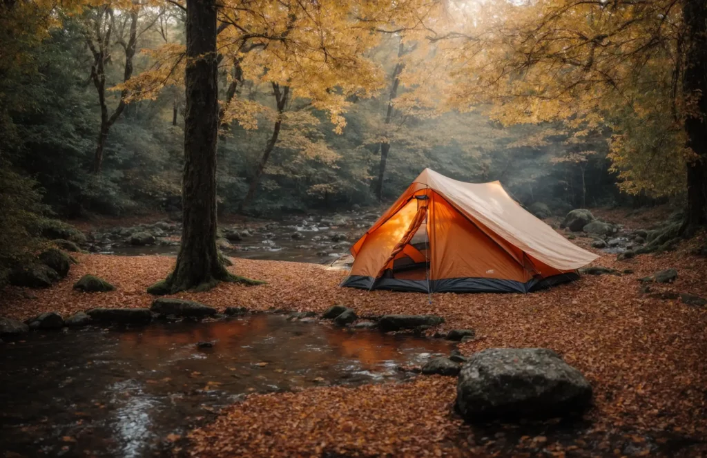 Tent camping in a lush forest during autumn
