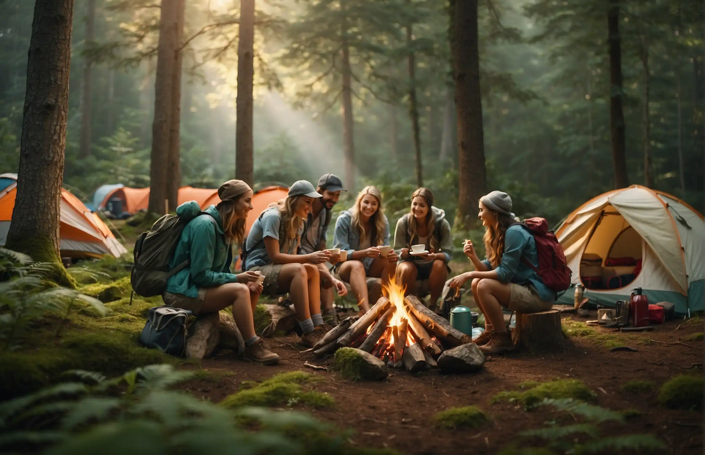 a group of young campers enjoying a camping trip in a lush, green forest