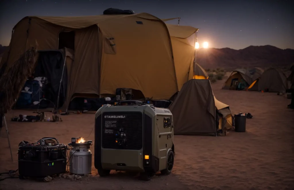 A camper using a portable generator at a desert campsite