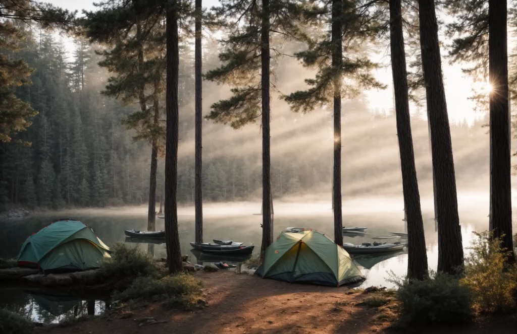 a serene lakeside campsite at dawn, mist rising off the water