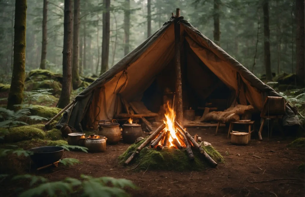 A bushcraft camping scene in a dense forest