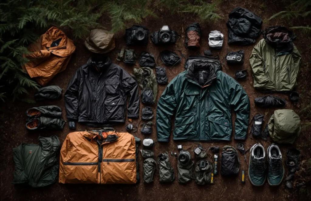a variety of camping clothes laid out on a natural, forest floor