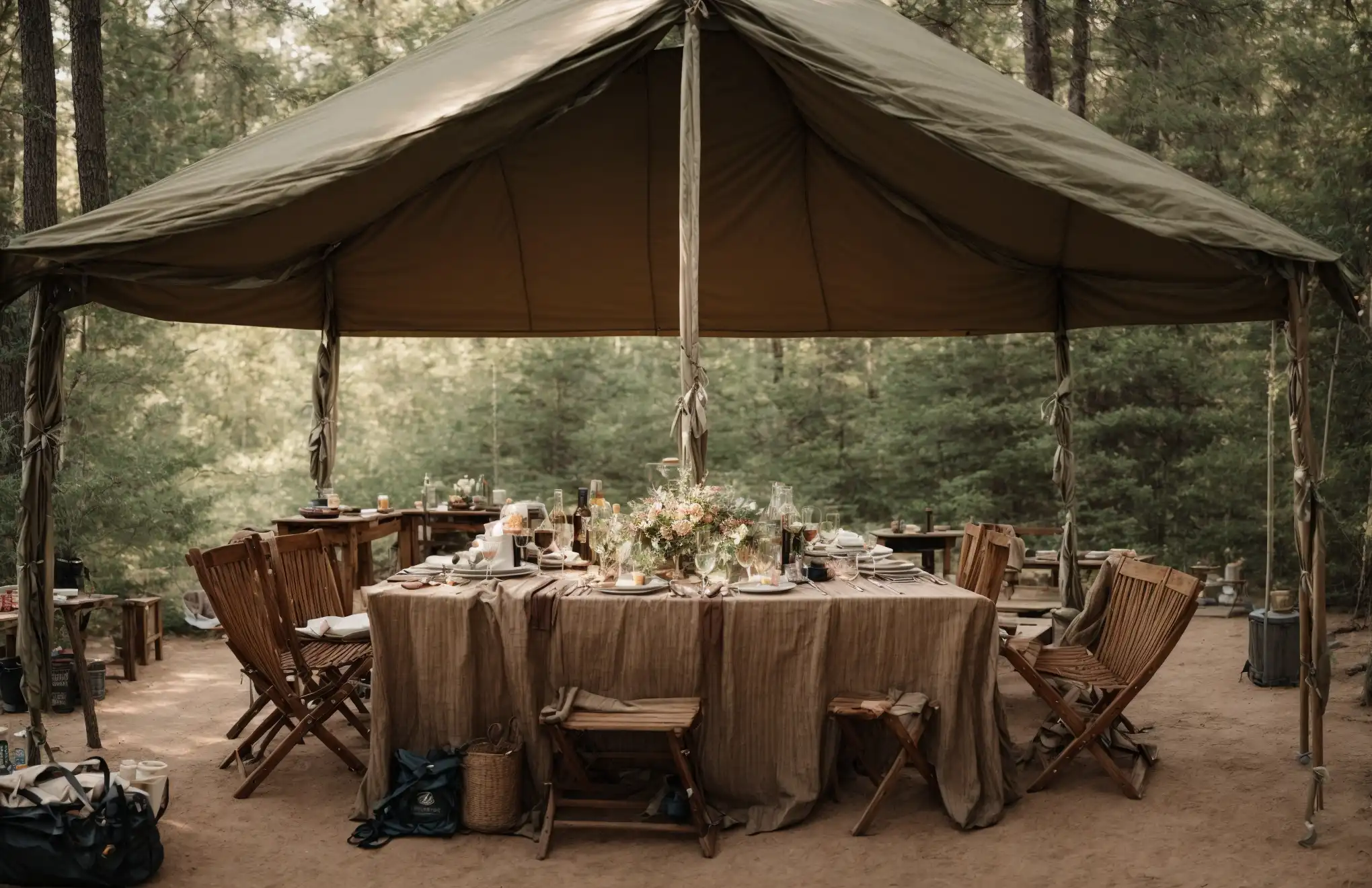 A single 6-foot table surrounded by comfortable chairs in the tent
