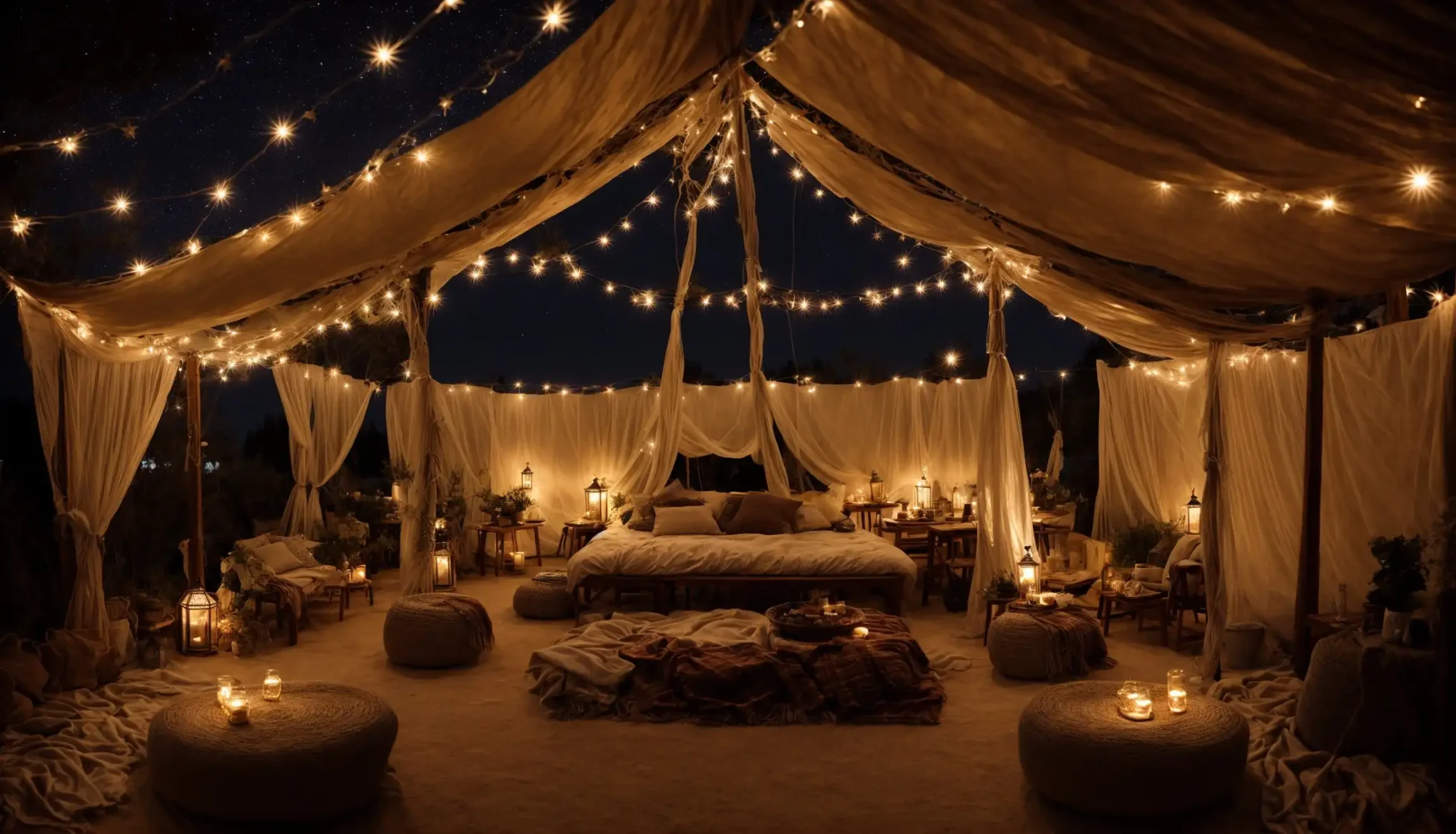 a spacious canvas tent, glowing string lights