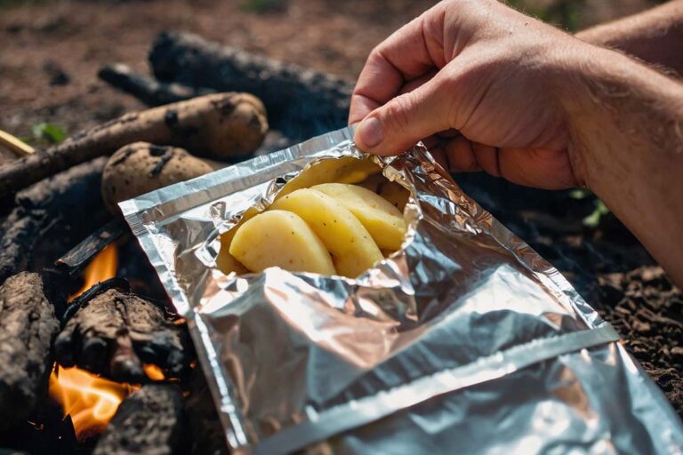 Opening foil packet to check potato doneness over campfire