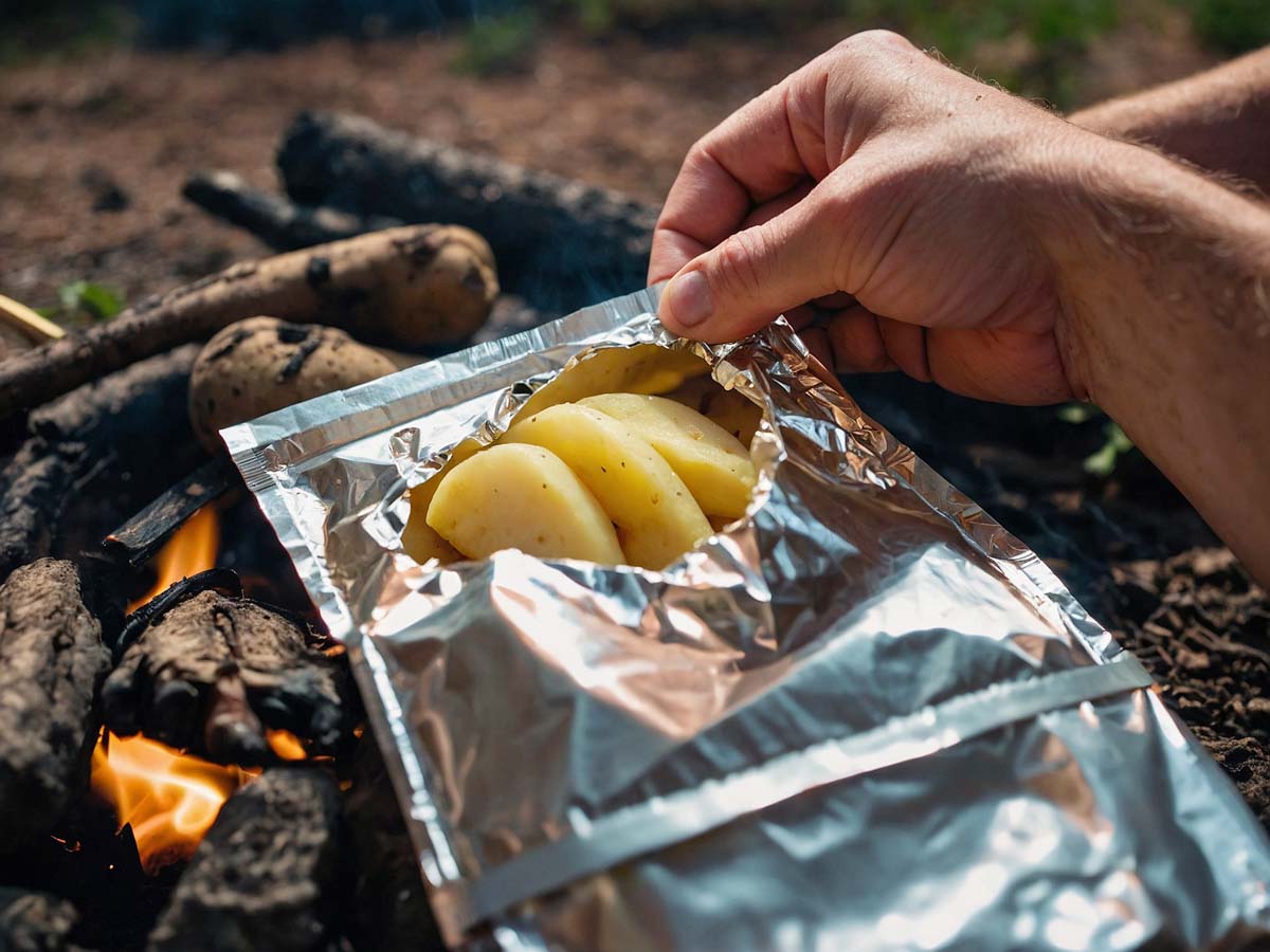 Opening foil packet to check potato doneness over campfire