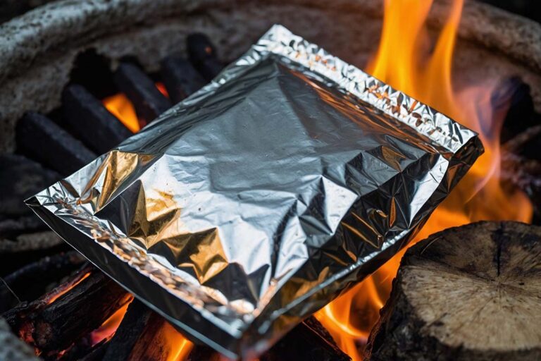 Foil packet potatoes cooking on a grill, outdoor setting