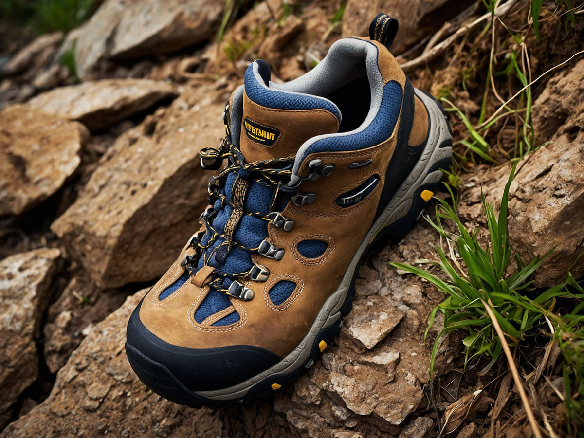 Close up of rugged hiking shoe design showcasing durability features