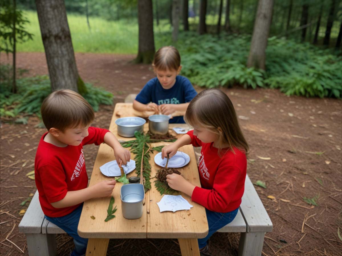 Children engaging in nature crafts at a campsite