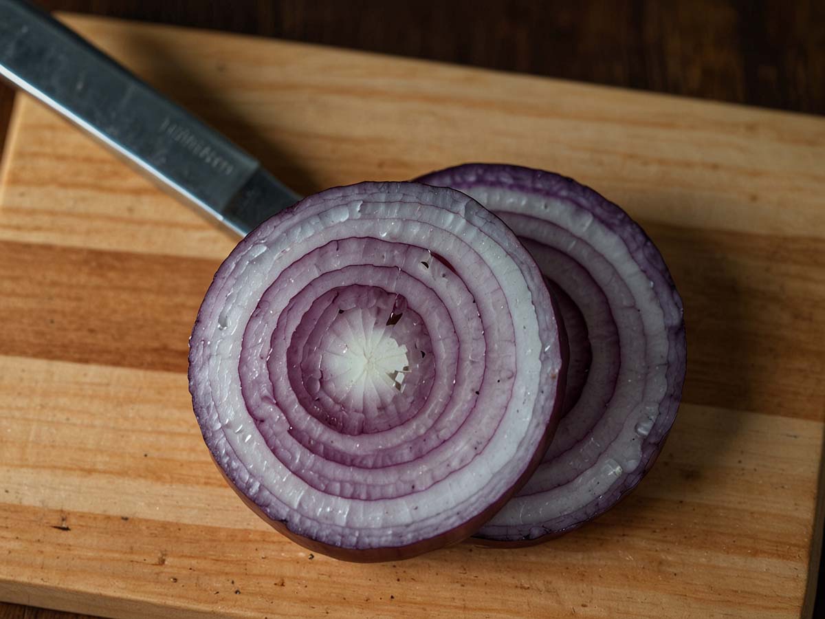 Thinly sliced onion on wooden cutting board for cooking