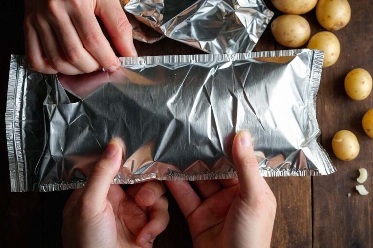 Hands sealing edges of foil packet for campfire cooking