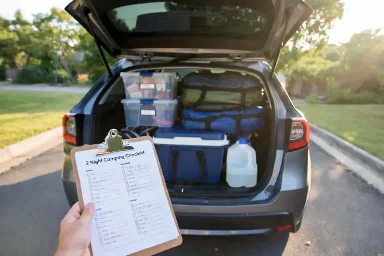 weekend camping checklist and packed gear in car trunk