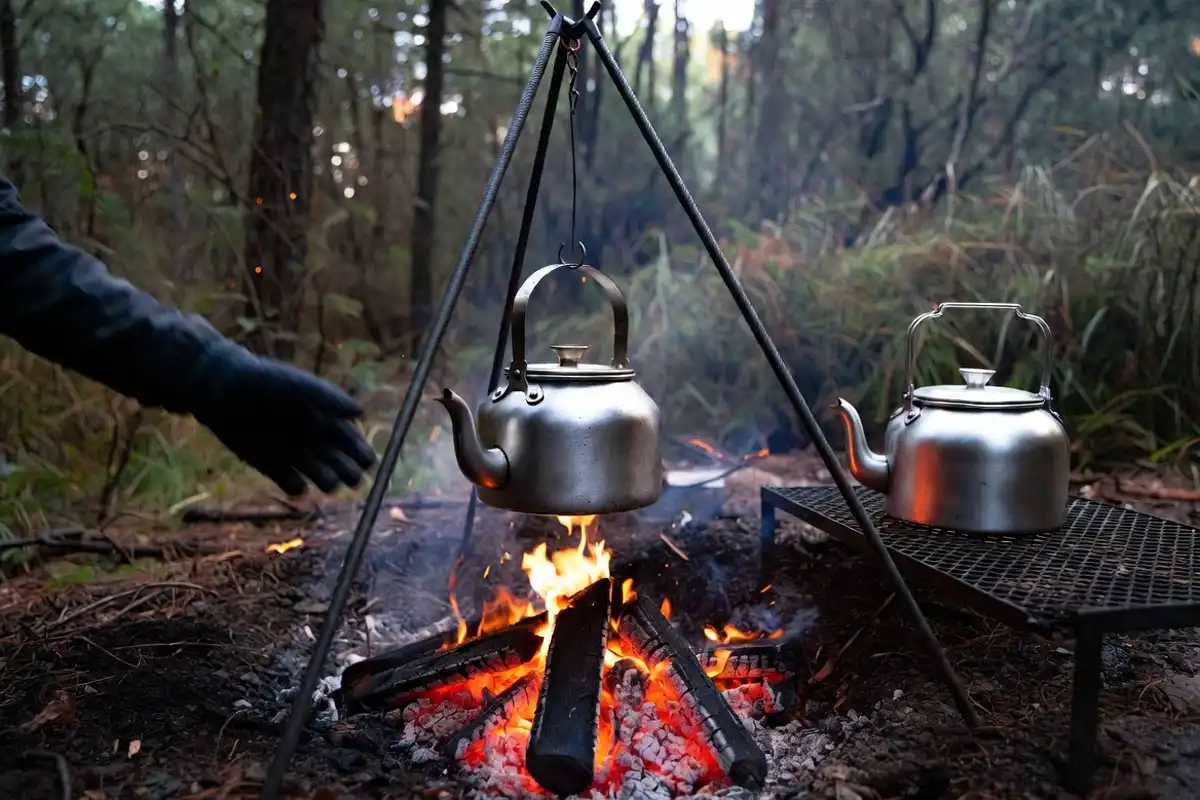 bail handle kettle on tripod above coals