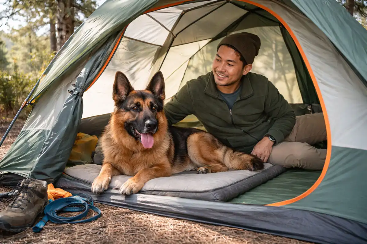 Camper relaxing with german shepherd inside a backpacking tent in the morning