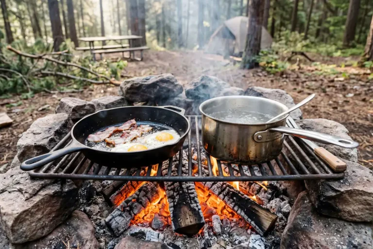 Campfire cooking kit on grill grate over a campfire at a forest campsite