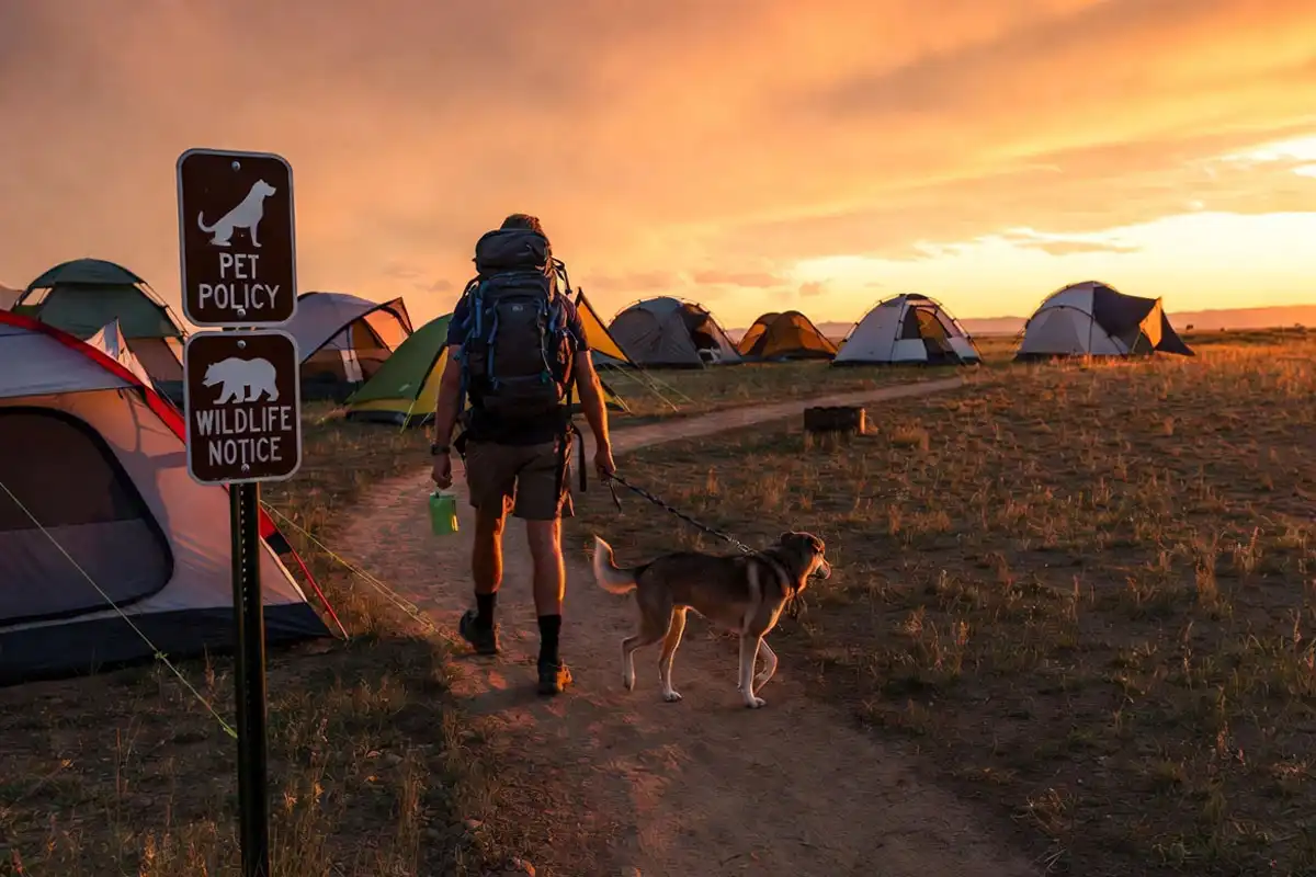 leashed dog near pet policy sign at campground