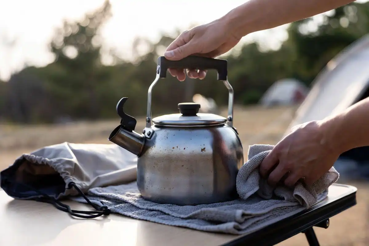 wiping soot off stainless kettle on camp table