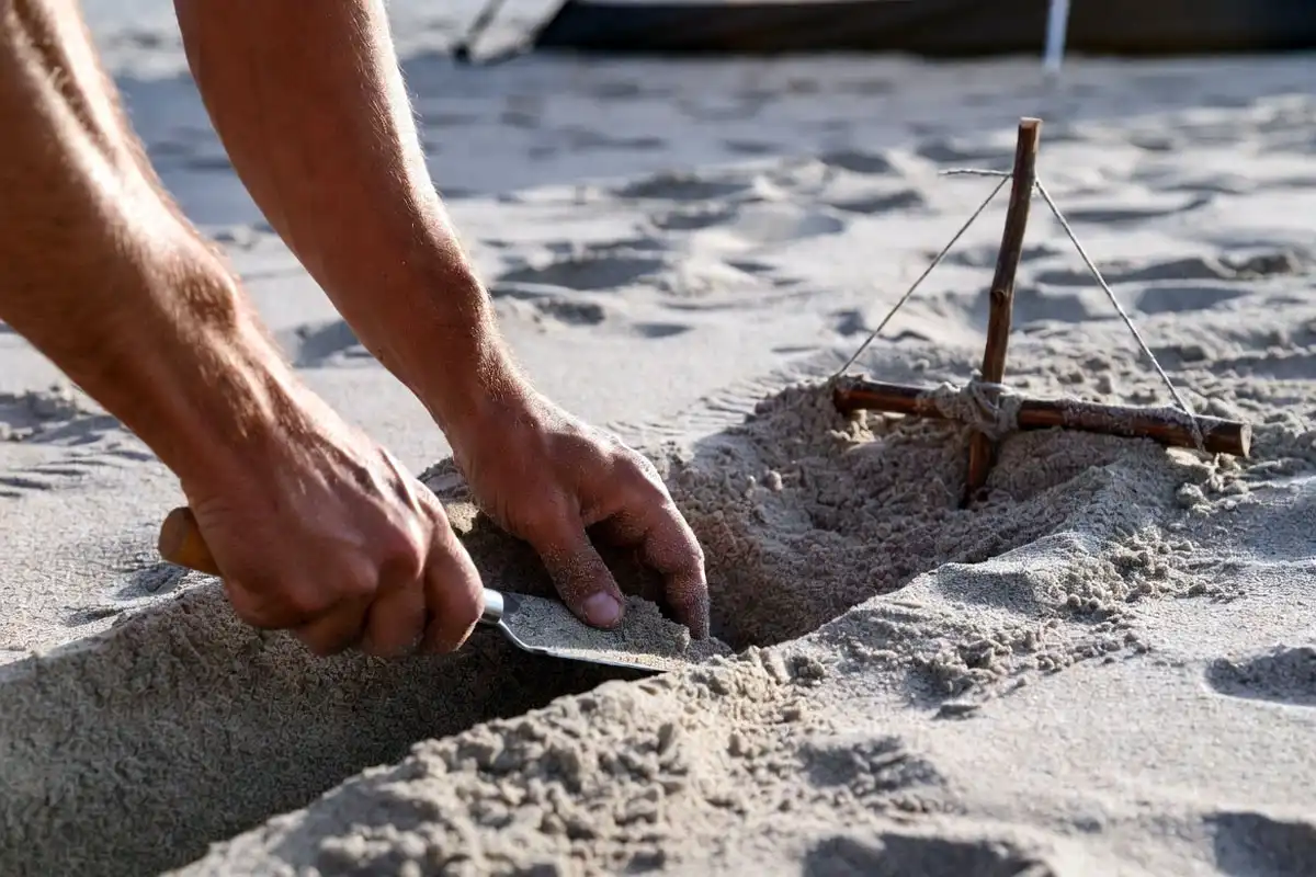 buried anchor tied to guyline in sand trench