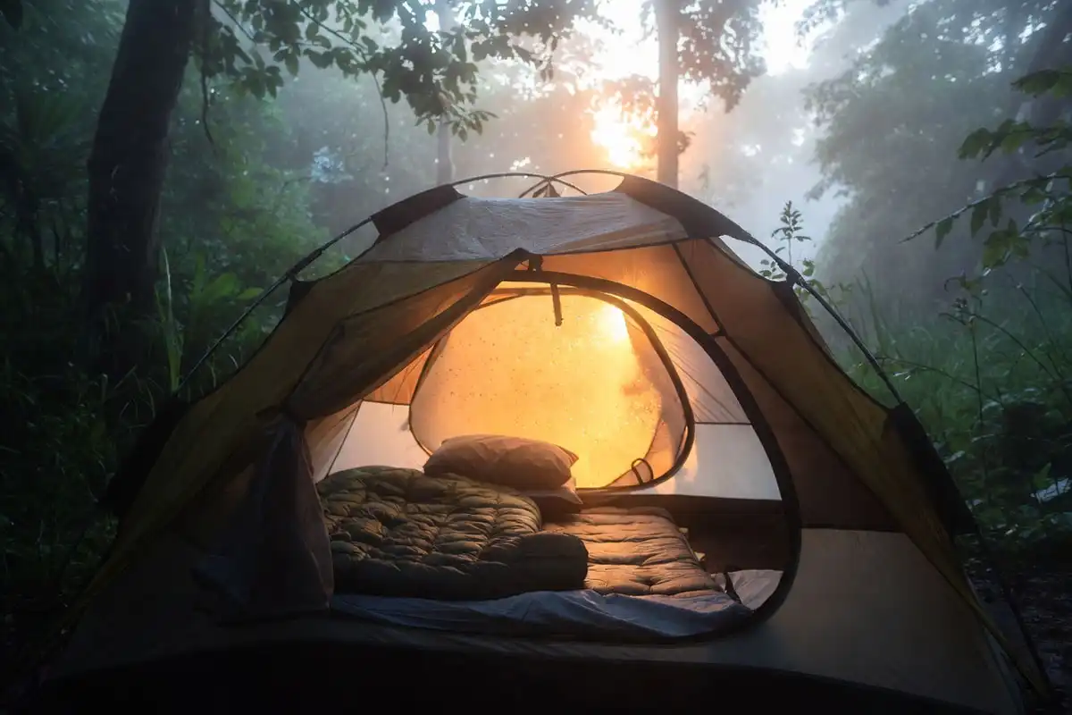 dry sleeping bag inside a ventilated tent on a humid night