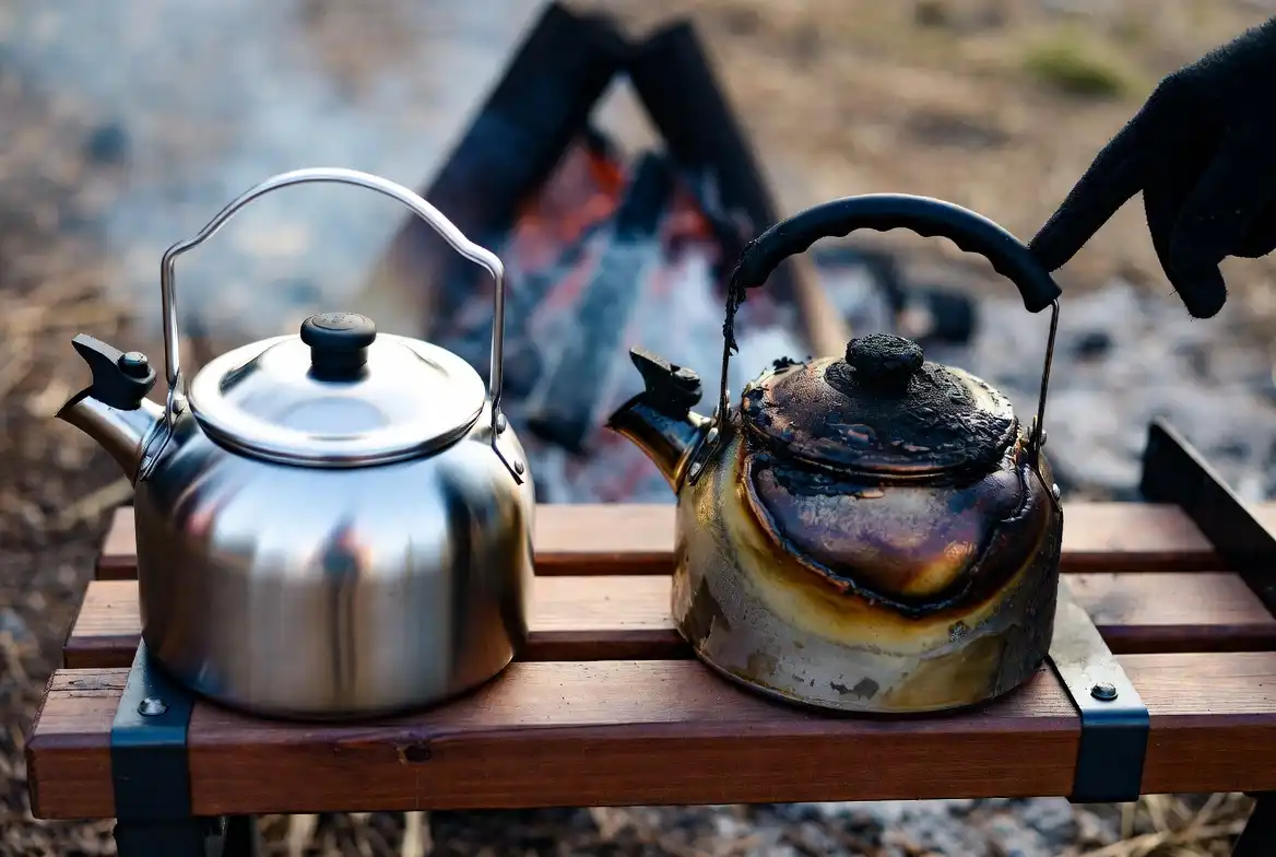 damaged kettle grip next to intact all metal kettle