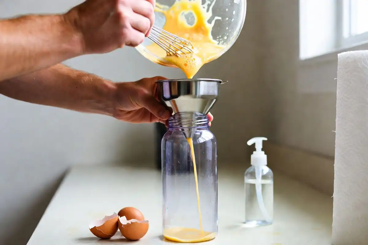 pouring whisked eggs into leakproof bottle for camping