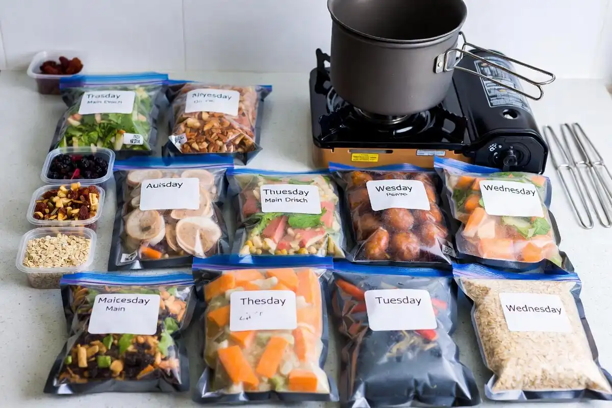 labeled camping meal bags and cooking kit ready for a 2 night camping trip