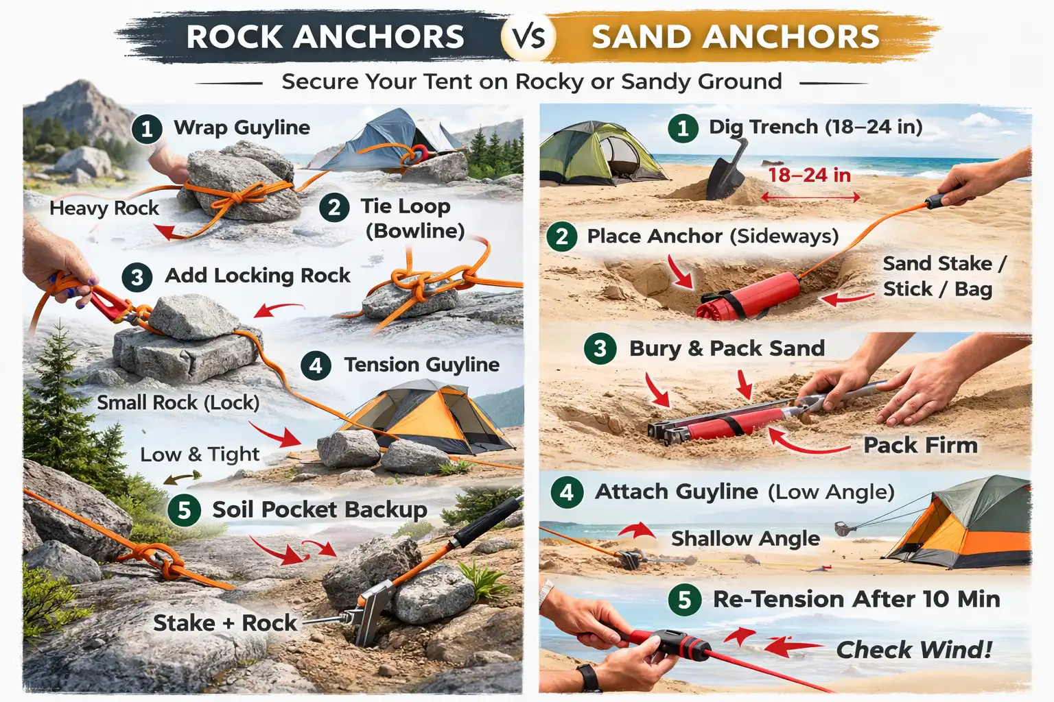 simple comparison of rock and sand tent anchors