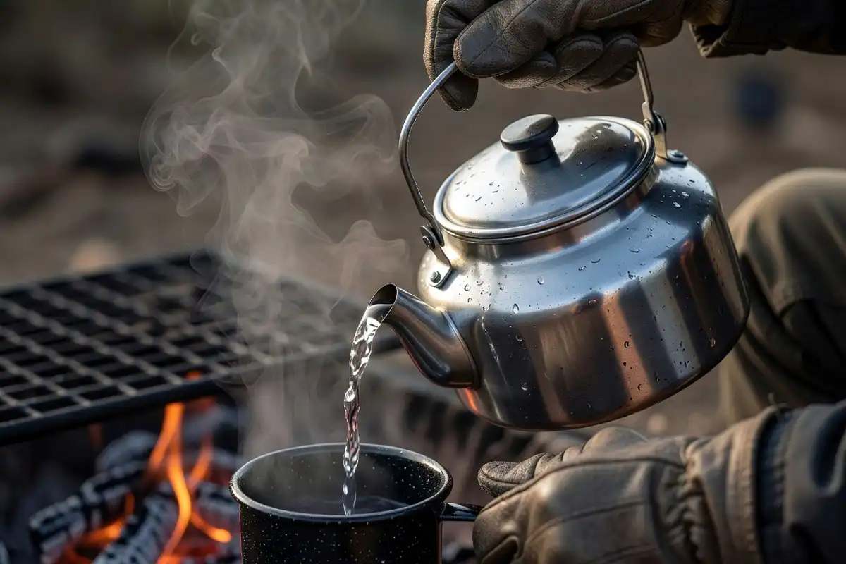 gloved hands pouring hot water into camp mug