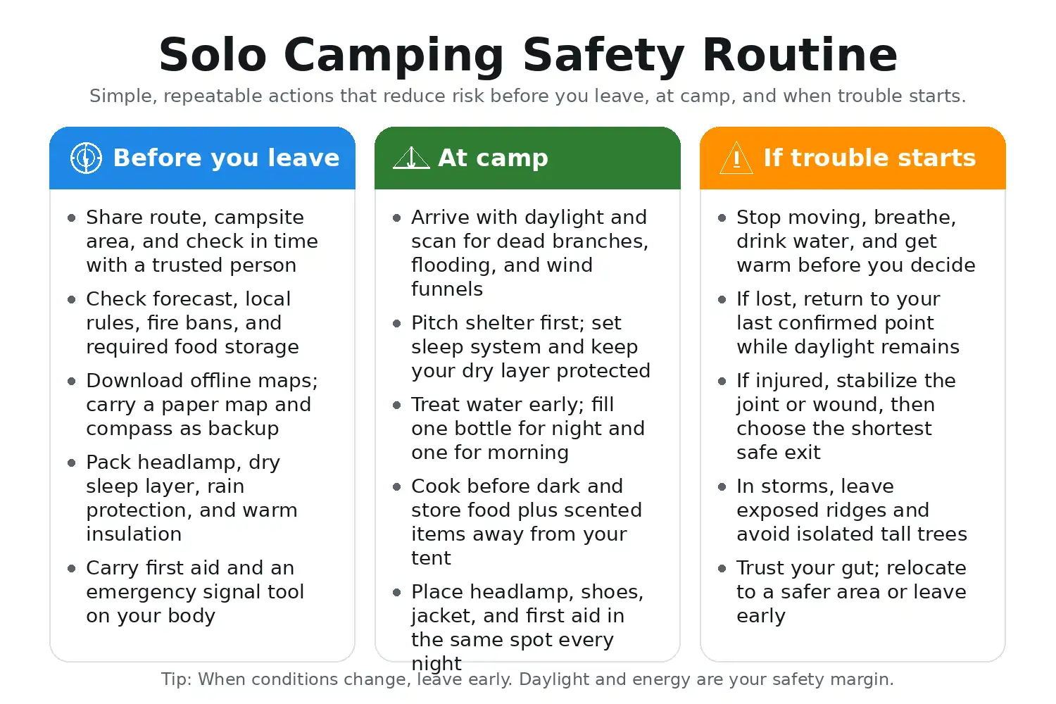 simple solo camping safety routine steps for plan camp and trouble