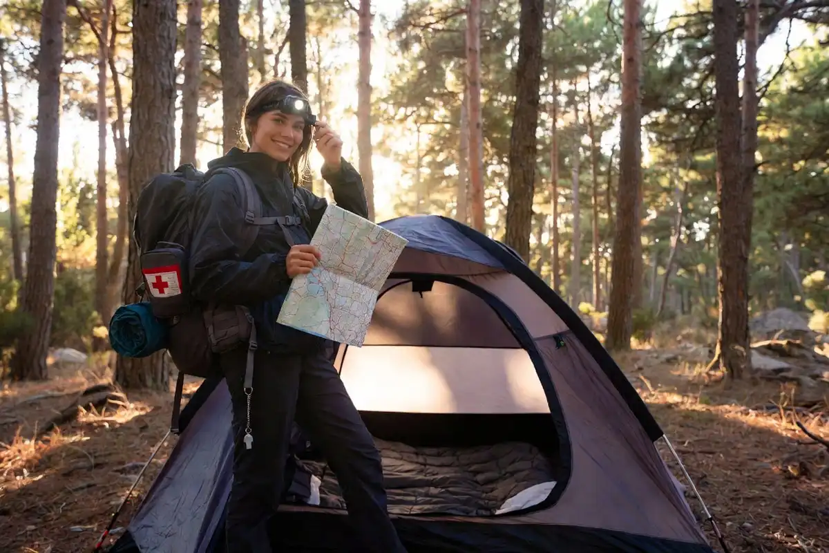 solo camping safety setup with map and headlamp