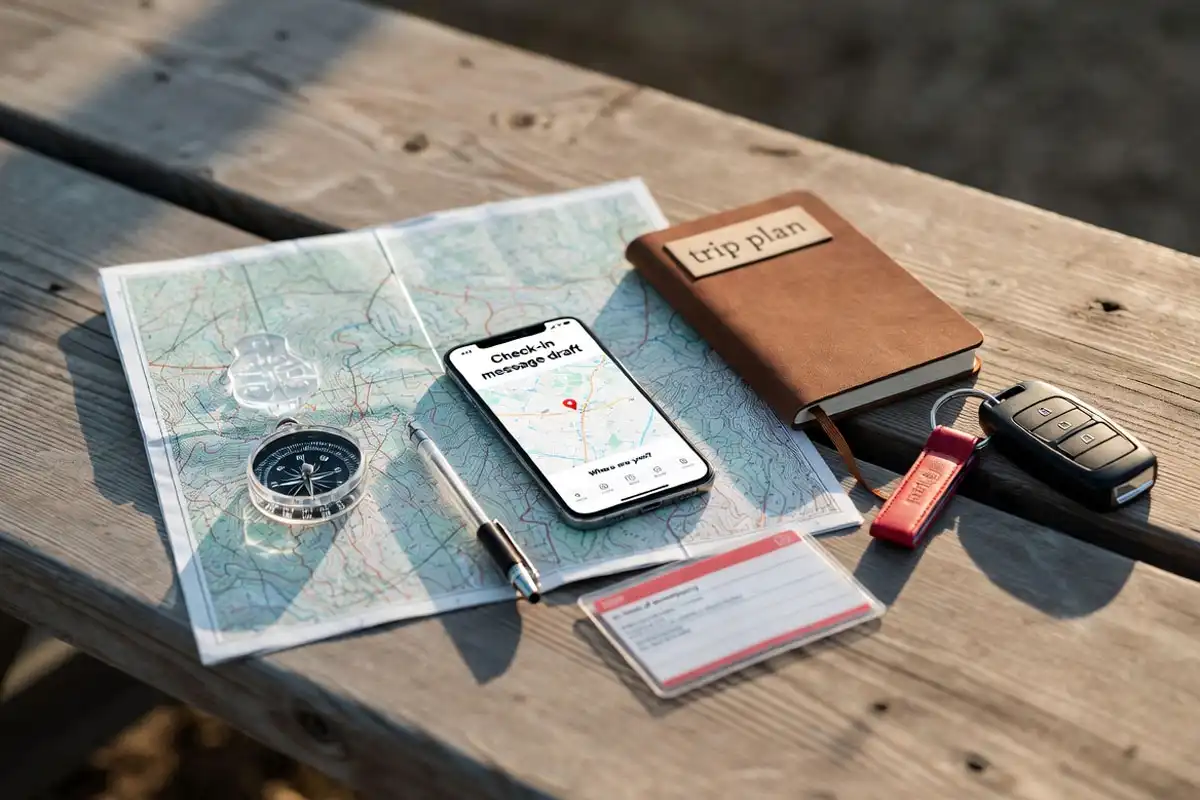 phone check in plan beside map compass and notebook