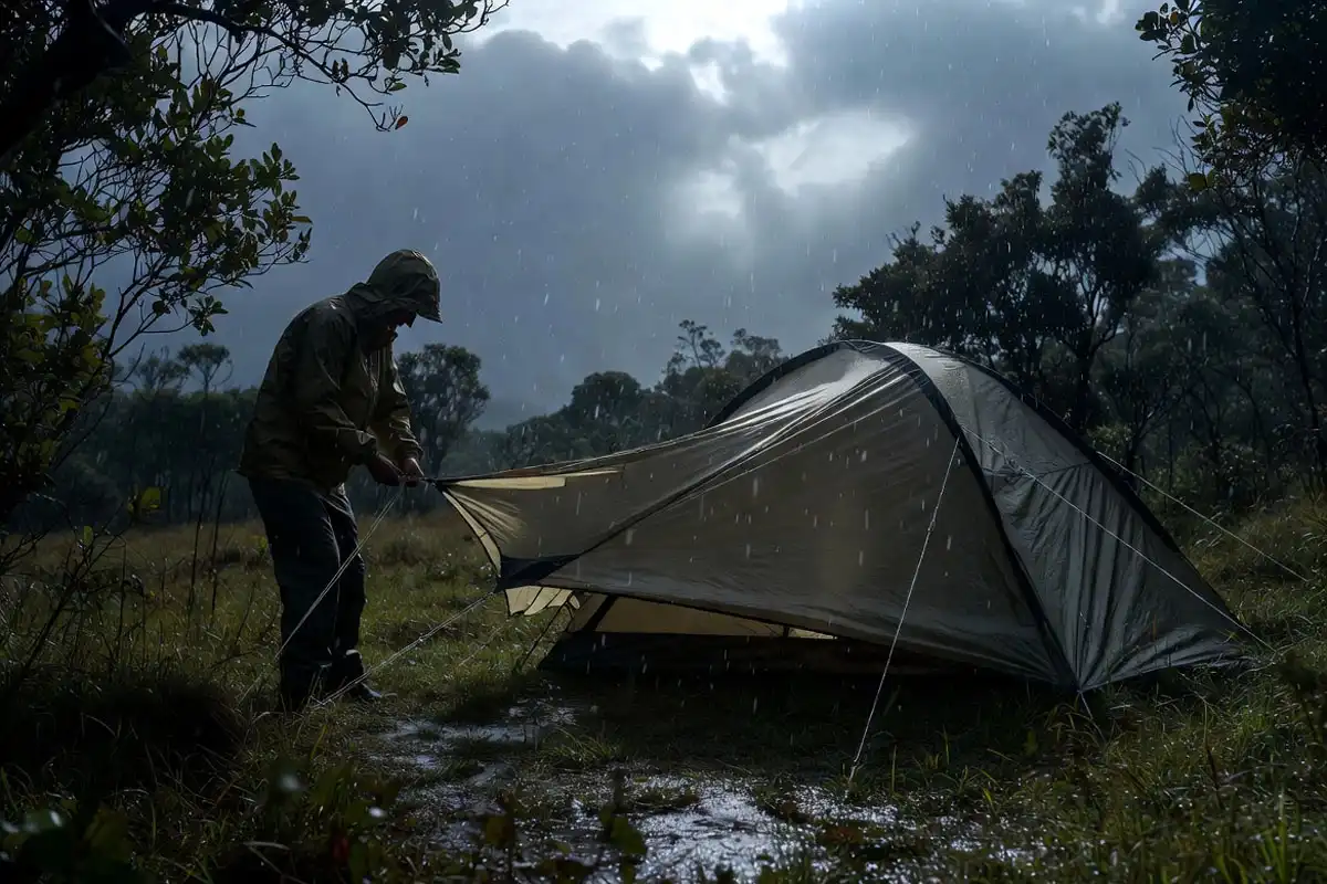 camper securing tent lines in wind and rain with calm focus