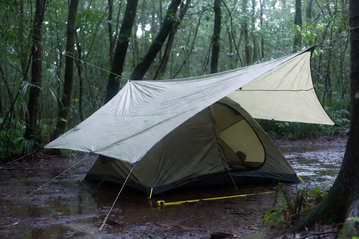 tarp coverage over a tent in rain