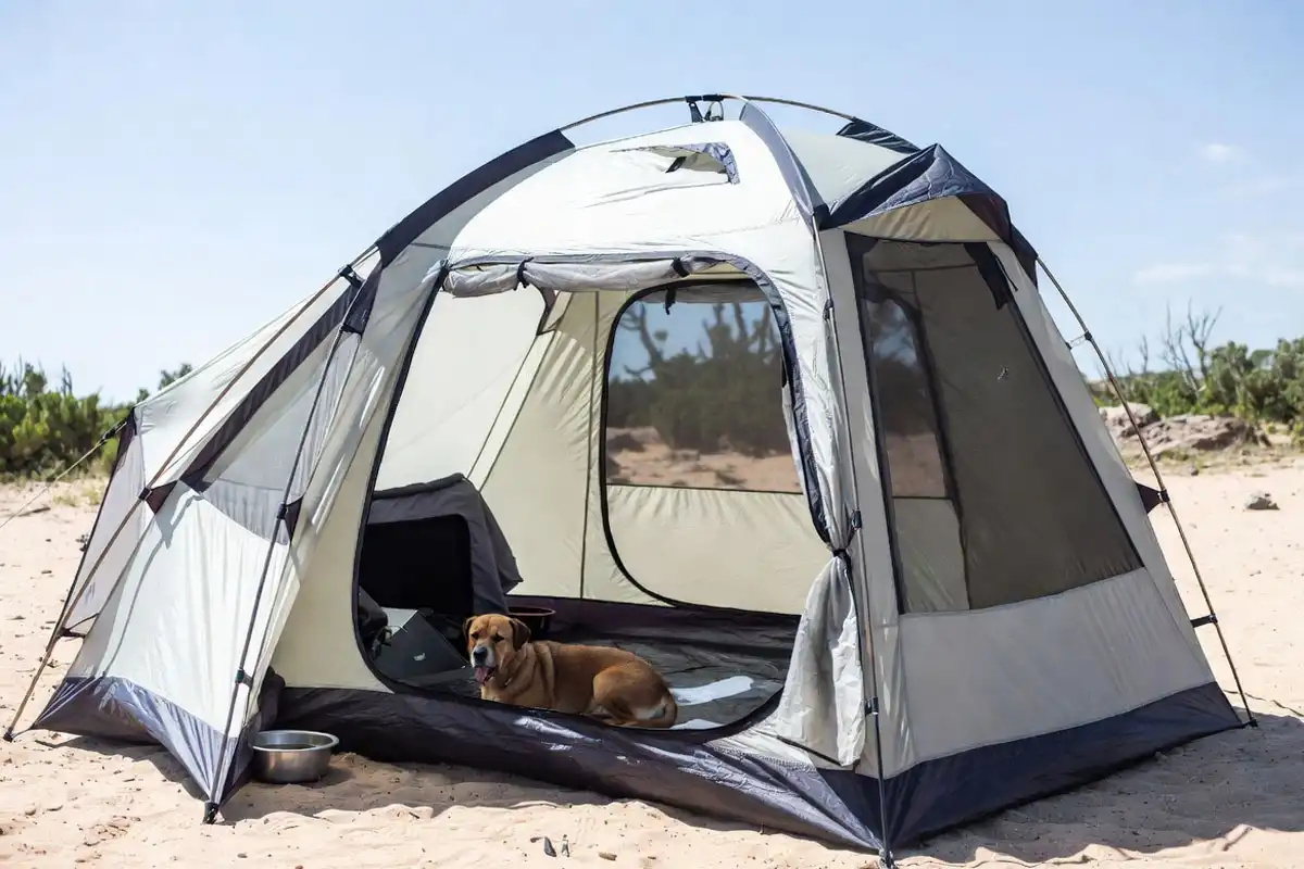 tent doors open for cross breeze with dog inside shade