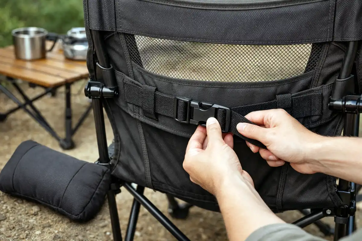 hands tightening adjustable lumbar strap on camping chair backrest