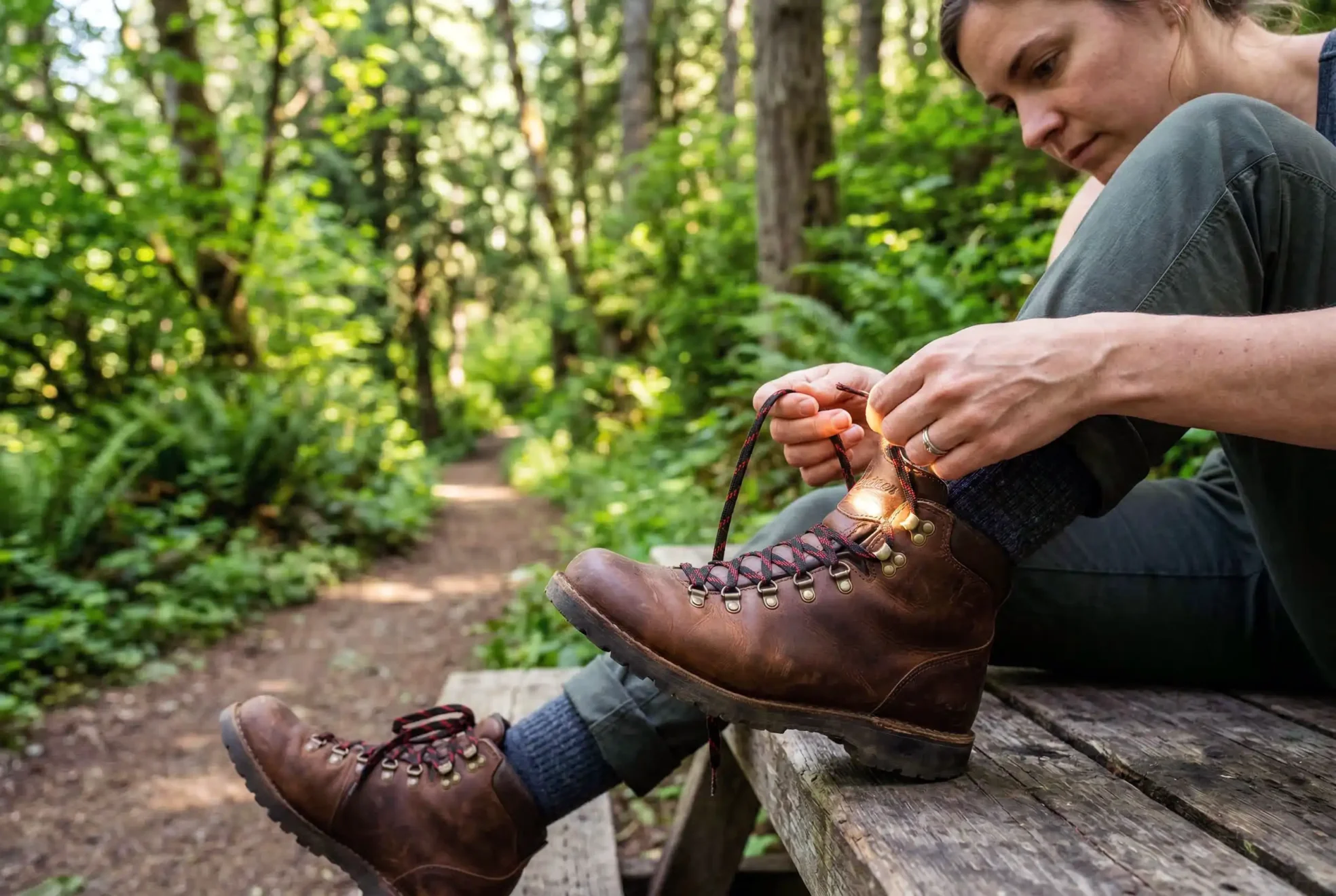 Person tying laces on new hiking boots before a hike