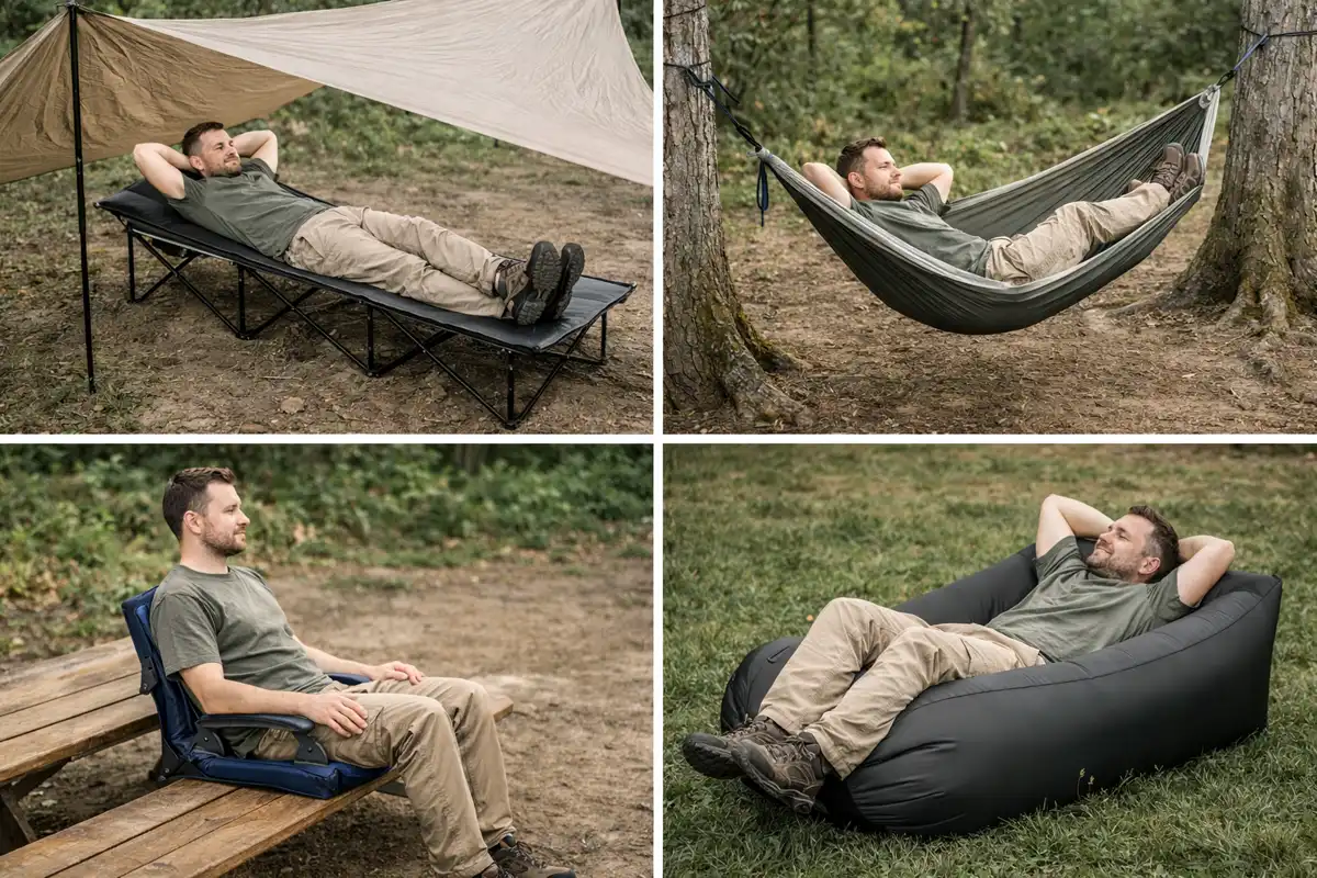 camping cot hammock stadium seat and inflatable lounger options