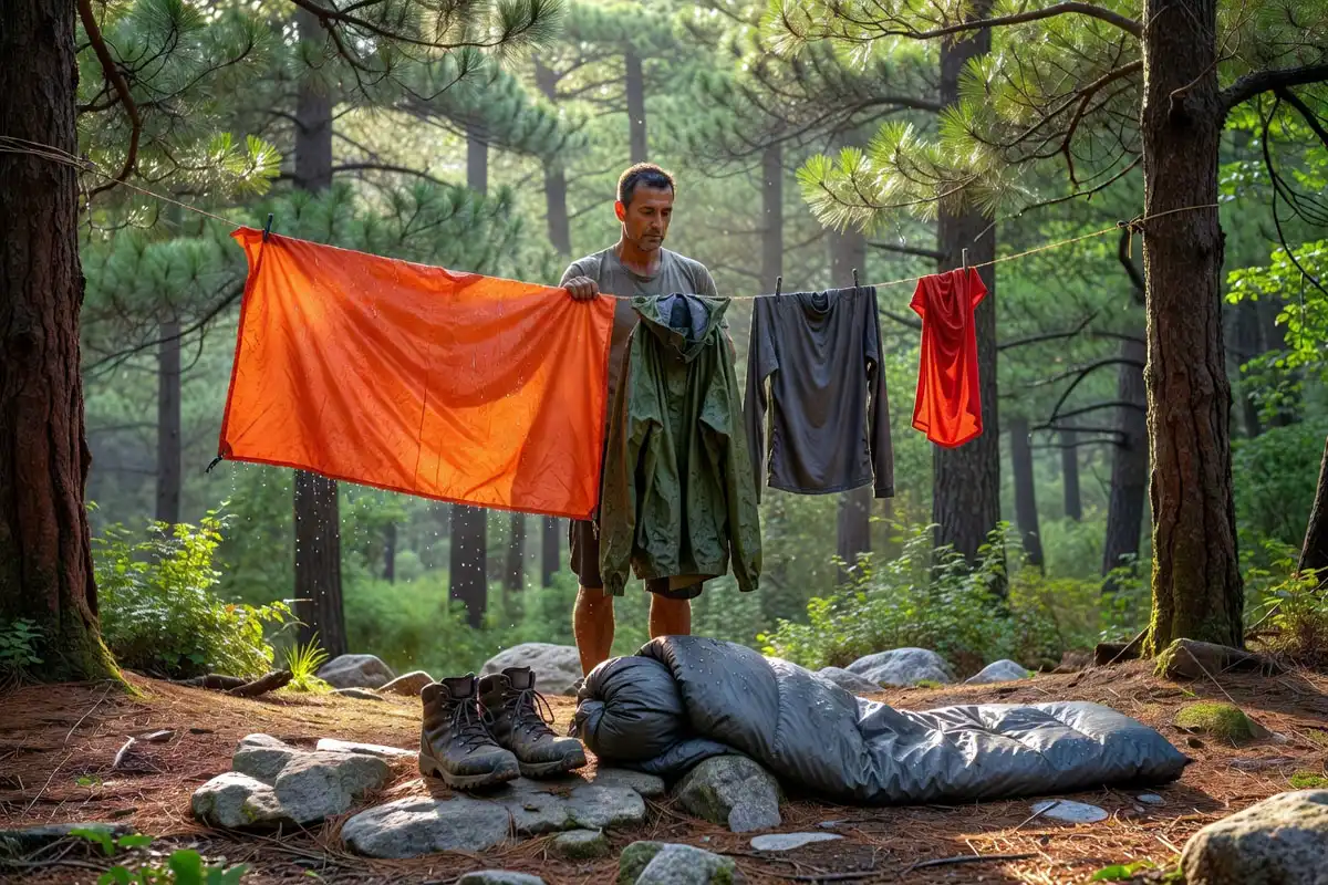 Drying wet camping gear at the campsite
