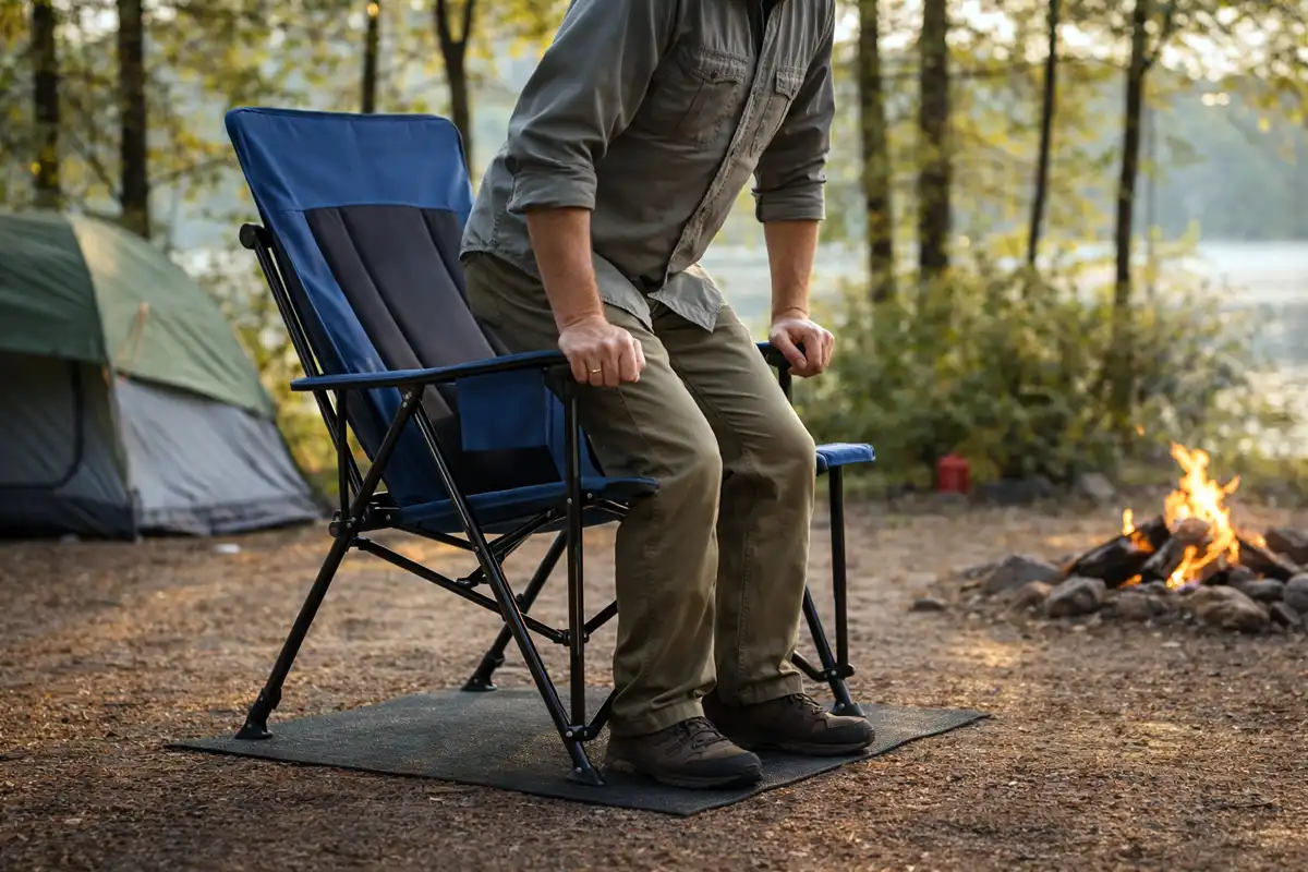 camper standing up easily from a higher seat camp chair