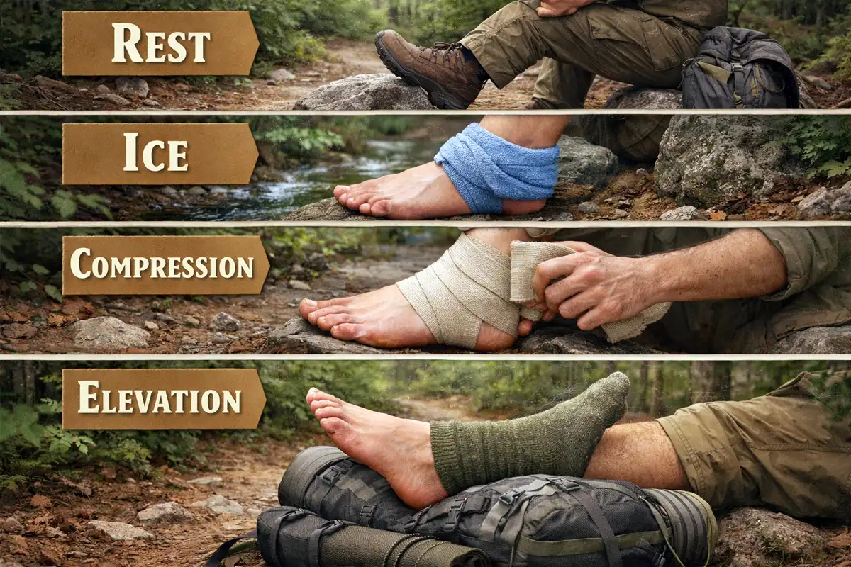 four step infographic showing rest ice compression and elevation for trail ankle injury