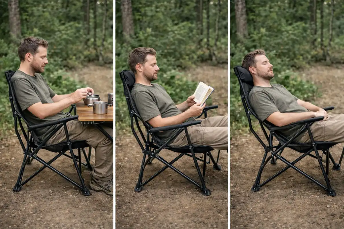 upright and reclined camp chair positions for comfort and support