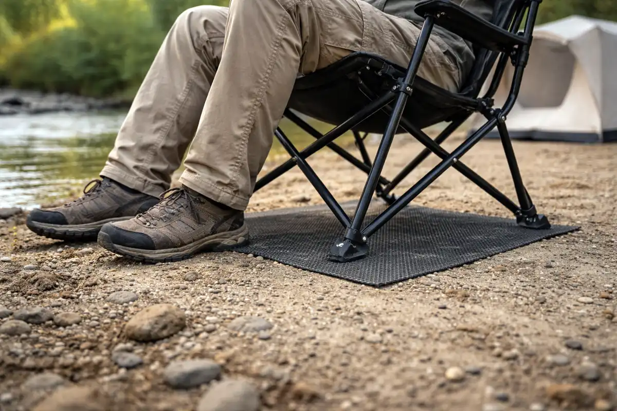 camping chair feet on chair mat to prevent sinking in sand