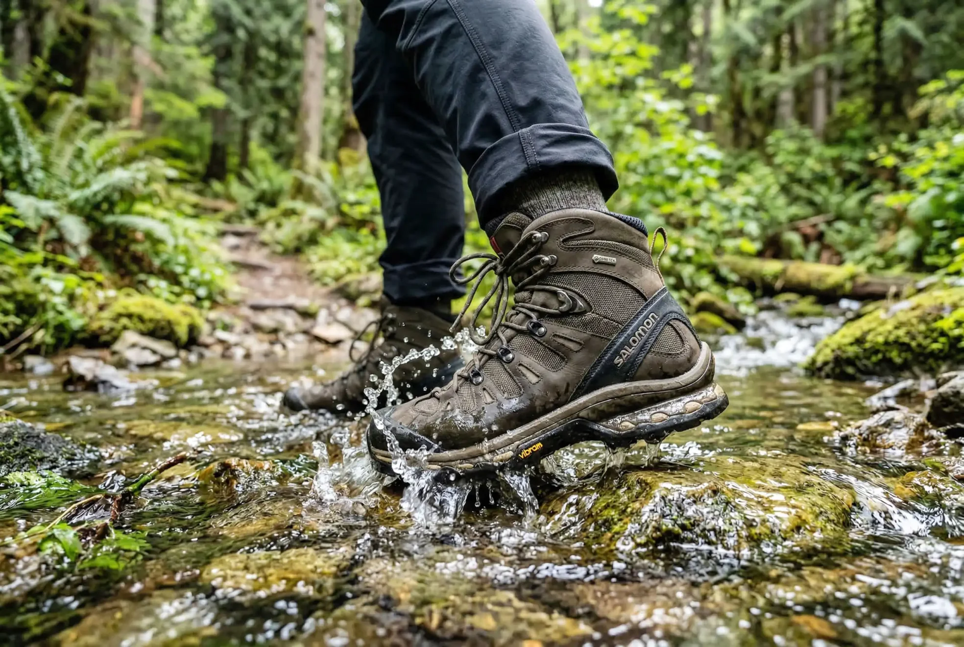 Hiker stepping through shallow stream in waterproof trail boots