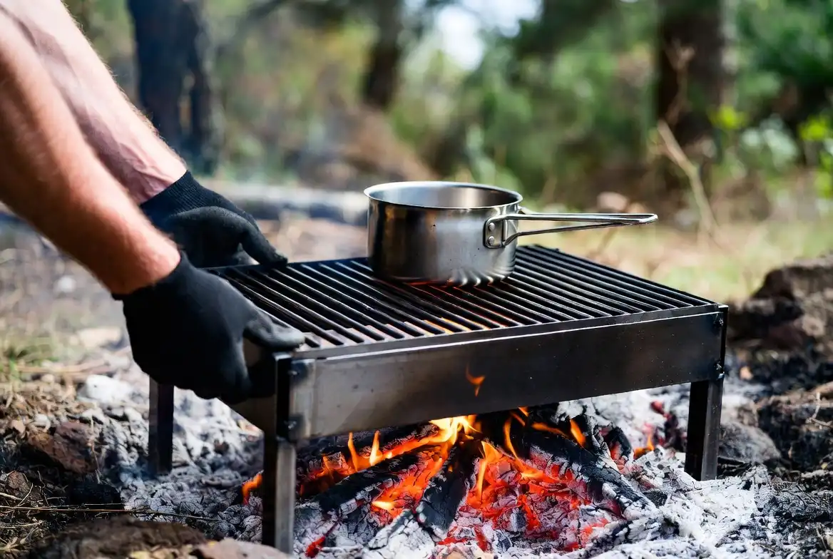 camper adjusting steel cooking grate height above campfire coals in forest