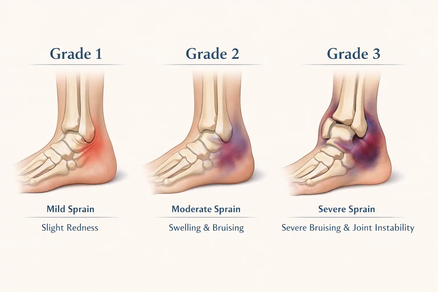 Infographic comparing three grades of ankle ligament injury with swelling progression