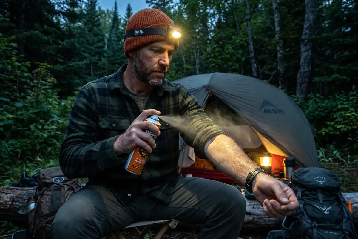 camper applying insect repellent spray on arms near tent at night